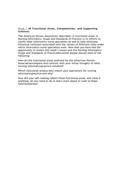 NR 541 Week 2 Discussion Question; NI Functional Areas, Competencies, and Supporting Sciences