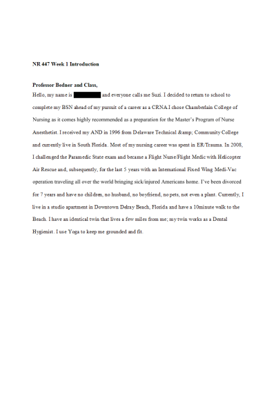 NR 447 Week 1 Discussion; Introductions (Required, not Graded)