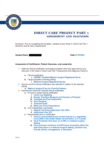 NR 447 Week 2 Assignment; Direct Care Project Part 1 - Assessment and Diagnosis