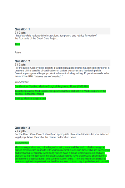 NR 447 Week 2 Check-In Direct Care Project Part 1; Assessment and Diagnosis (Quiz Score; 10 out of 10)