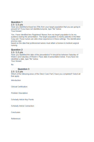 NR 447 Week 4 Check-In Direct Care Project Part 2; Planning the Presentation (Quiz Score; 10 out of 10)