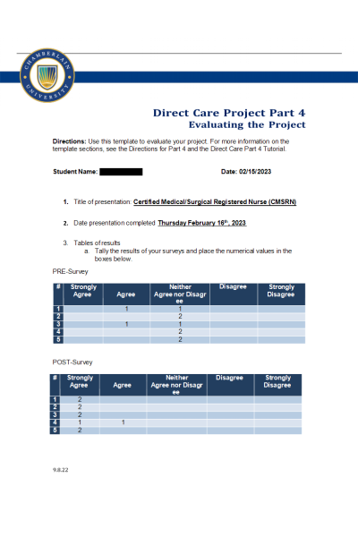 NR 447 Week 6 Assignment; Direct Care Project Part 4 - Evaluating the Project