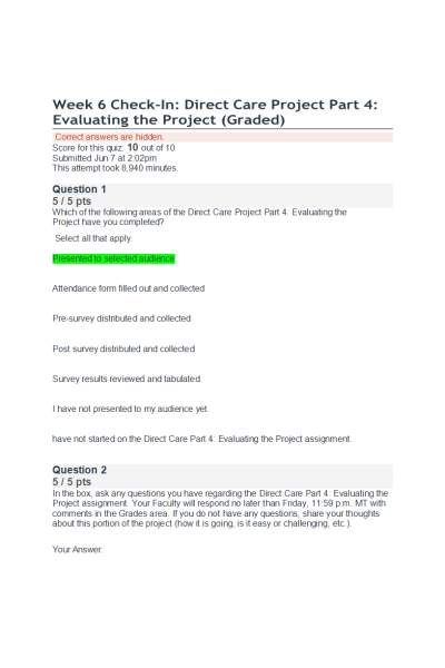 NR 447 Week 6 Check-In Direct Care Project Part 2; Evaluating the Project (Quiz Score; 10 out of 10)
