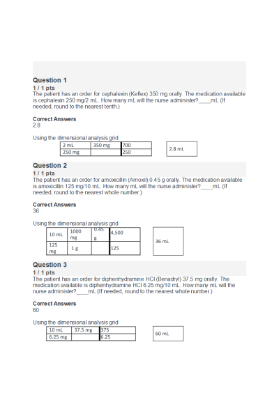 NR 226 Week 1 Medication Calculations Exam (Score 20 out of 20)