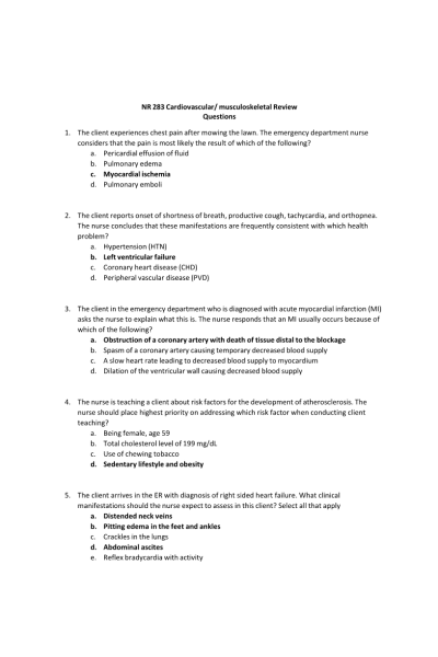 xNR 283 Cardiovascular-Musculoskeletal Review Questions