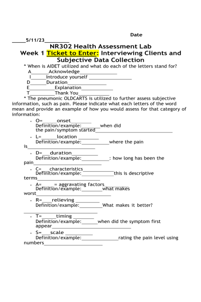 NR 302 Week 1 Lab; Ticket to Enter Interviewing Clients and Subjective Data Collection