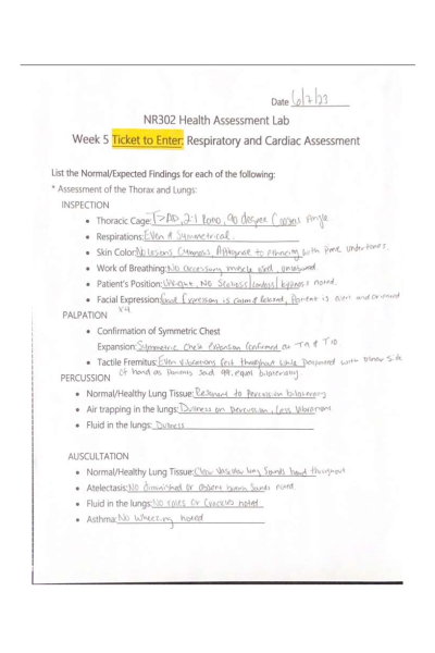 NR 302 Week 5 Lab; Ticket to Enter - Respiratory & Cardiac Assessment