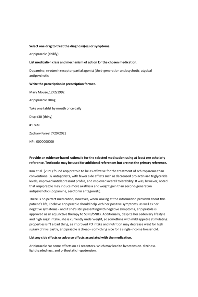 NR 546 Week 3 Case Study; Aripiprazole (Abilify)