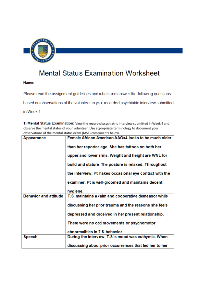 NR 548 Week 5 Exam: Mental Status Examination Worksheet