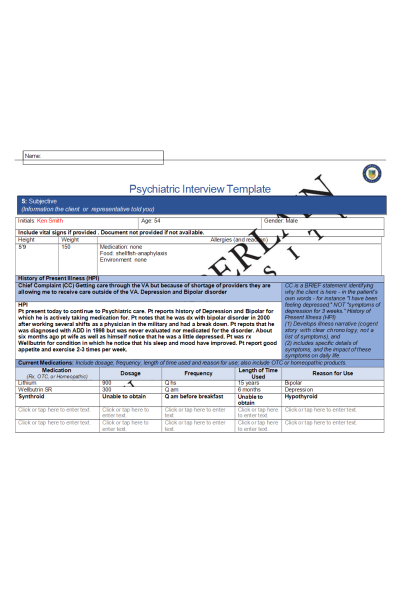 NR 548 Week 6 Psychiatric Interview Documentation Assignment Template (Initials: Ken Smith)