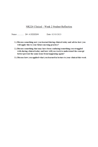NR 226 Week 2 Clinical Reflection