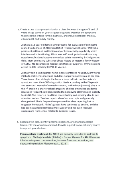 NR 606 Week 5 Discussion: ADHD Case Study Presentation - Alisha is a 13-year-old female