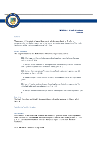 NR 567 Week 5 Study Worksheet; Endocrine