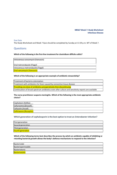 NR 567 Week 7 Study Worksheet; Infectious Disease