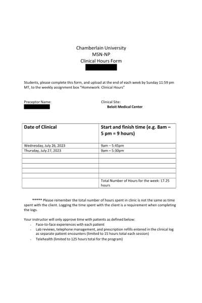 NR 601 Week 2 Clinical Hours Form