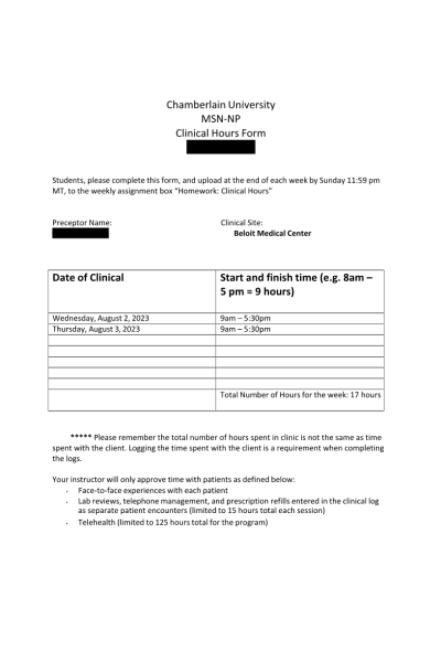 NR 601 Week 4 Clinical Hours Form