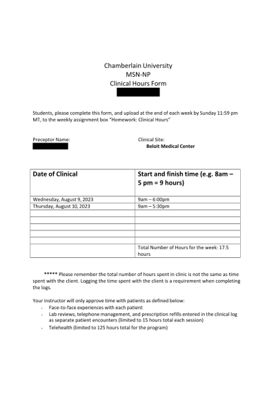 NR 601 Week 5 Clinical Hours Form
