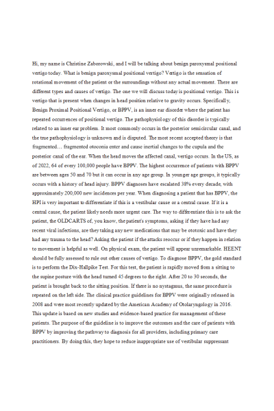 NR 576 Week 7 Assignment; Clinical Practice Guidelines - Benign Paroxysmal Positional Vertigo Paper Transcript