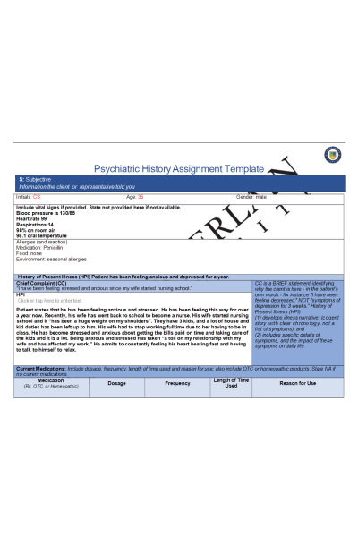 NR 548 Week 4 Psychiatric History Assignment Template (Initials; CS)