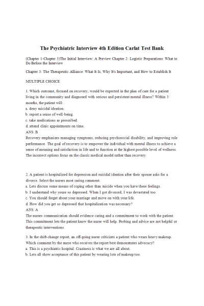 The Psychiatric Interview: 4th Edition - TestBank