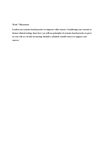 NR 351 Week 7 Discussion; Leaders and Systems-Based Practice