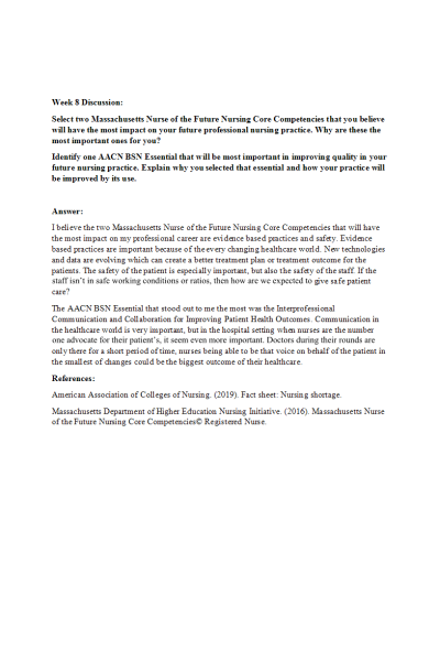 NR 351 Week 8 Discussion; Reflection on Essentials and Competencies