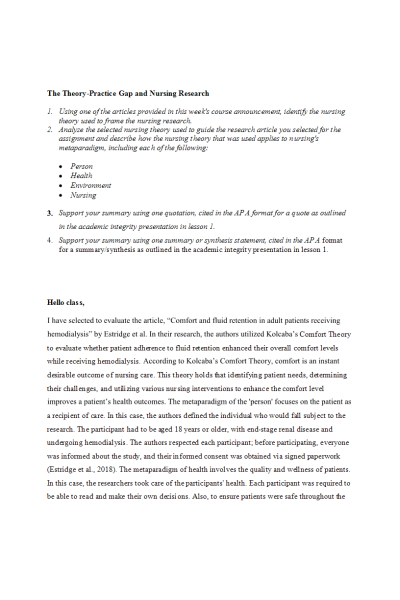 NR 715 Week 1 Discussion; The Theory- Practice Gap and Nursing Research - Kolcaba s Comfort Theory