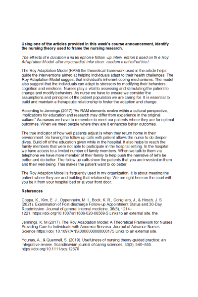 NR 715 Week 1 Discussion; The Theory- Practice Gap and Nursing Research - The Roy Adaptation Model (RAM)