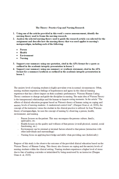 NR 715 Week 1 Discussion; The Theory- Practice Gap and Nursing Research - Watsons Human Caring Theory