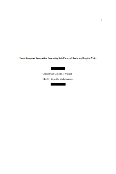NR 715 Week 3 Assignment; Quantitative Article Search and Summary  - Heart Symptom Recognition Improving Self-Care and Reducing Hospital Visits