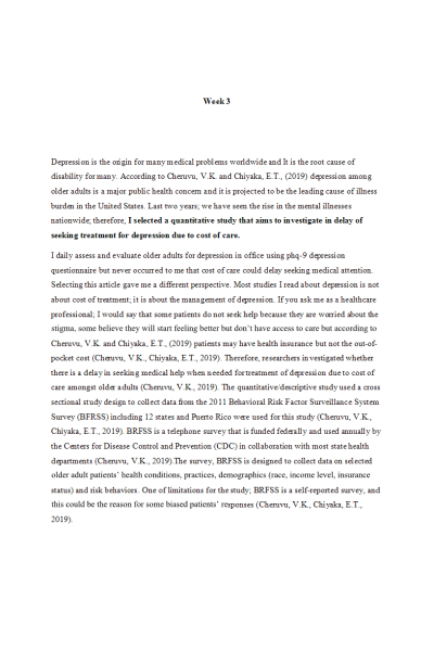 NR 715 Week 3 Discussion; Quantitative Article Critique - Depression