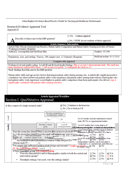 NR 715 Week 3 for Assignment; Johns Hopkins Research Evidence Appraisal Tool; Appendix E