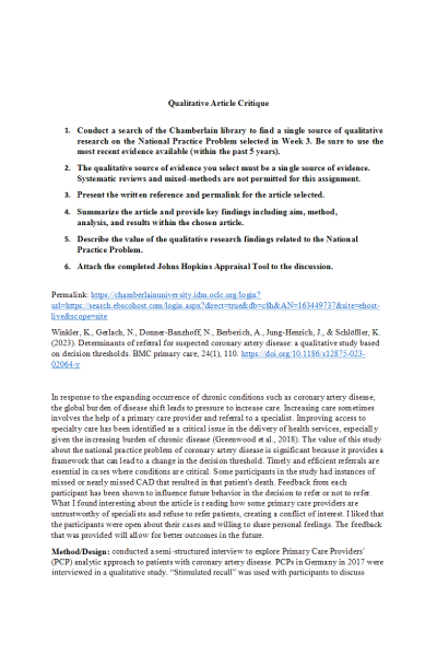 NR 715 Week 4 Discussion; Qualitative Article Critique - Coronary Heart disease (CHD)