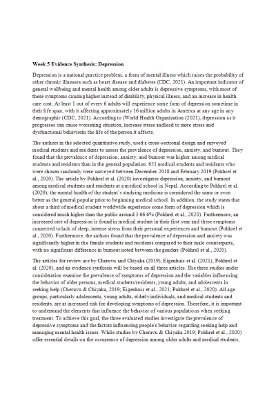 NR 715 Week 5 Assignment; Evidence Synthesis - Depression