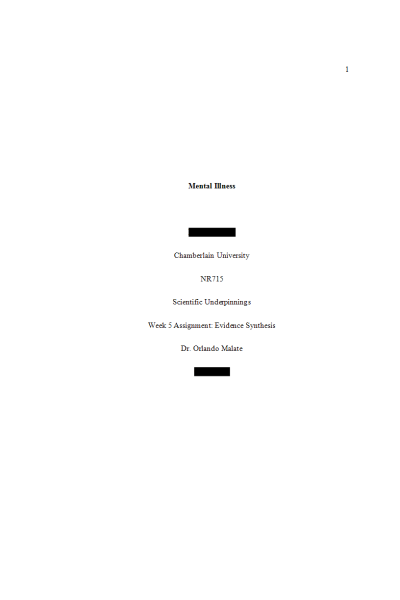 NR 715 Week 5 Assignment; Evidence Synthesis - Mental Illness