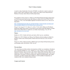NR 715 Week 5 Assignment; Evidence Synthesis - National Practice Problem of Coronary Artery Disease (CAD) and prevention