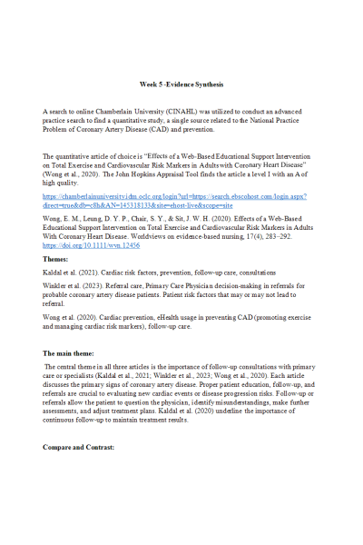 NR 715 Week 5 Assignment; Evidence Synthesis - National Practice Problem of Coronary Artery Disease (CAD) and prevention