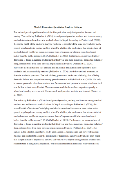 NR 715 Week 5 Discussion; Qualitative Analysis Critique - Depression, burnout and anxiety