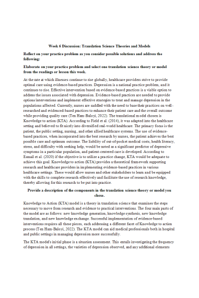 NR 715 Week 6 Discussion Translation Science Theories and Models