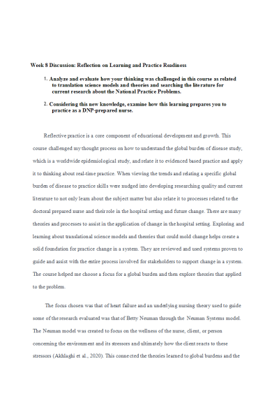 NR 715 Week 8 Discussion; Reflection on Learning and Practice Readiness
