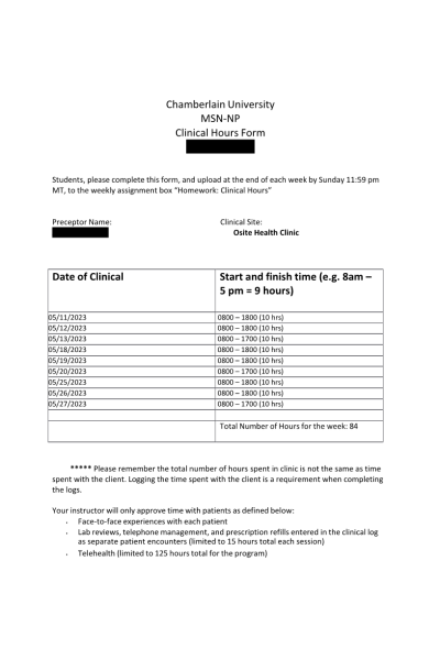 NR 601 Week 3 Homework; Clinical Hour Log