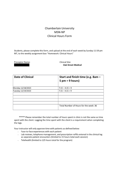 NR 601 Week 8 Homework; Clinical Hour Log