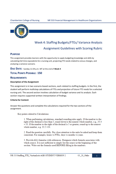 NR 533 Week 4 Assignment; Staffing Budgets-FTEs-Variance Analysis - Sample Calculations (Patient Days Budget 450, Actual 520)