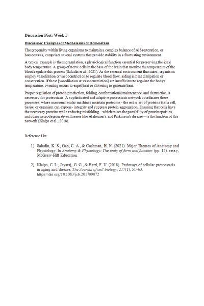 BIOS 251 Week 1 Discussion; Examples of Mechanisms of Homeostasis