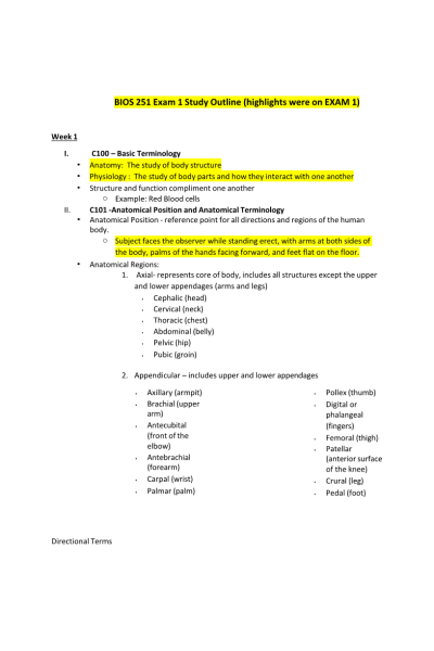 BIOS 251 Week 3 Exam 1 Study Outline