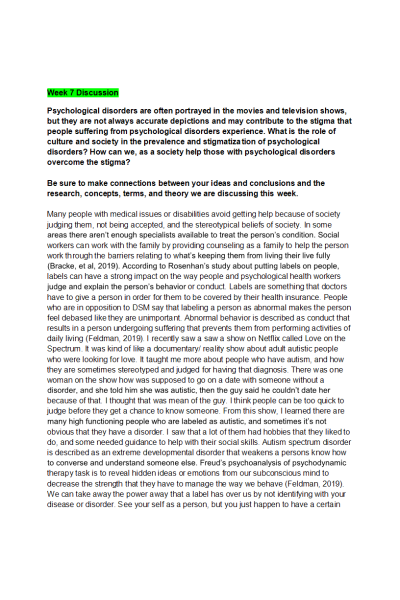 PSYC 110N Week 7 Discussion Question