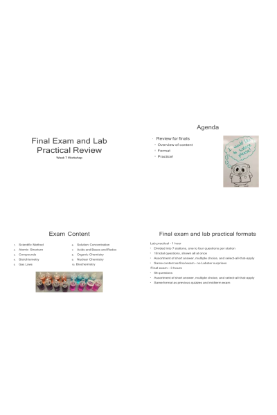 CHEM 120 Week 7 Workshop; Final Exam Practice and Lab Practical Review