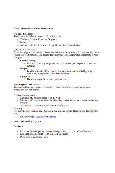 COMM 277 Week 3 Discussion; Conflict Management