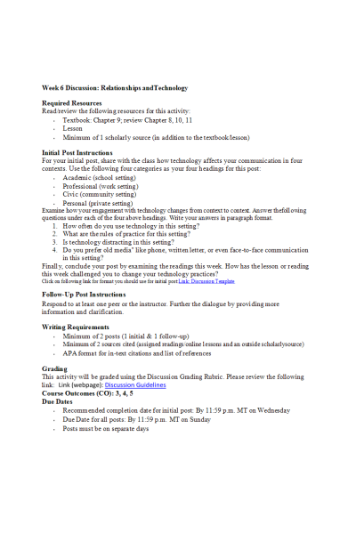 COMM 277 Week 6 Discussion; Relationships and Technology