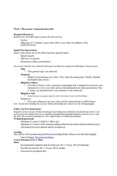 COMM 277 Week 7 Discussion; Communication Aids